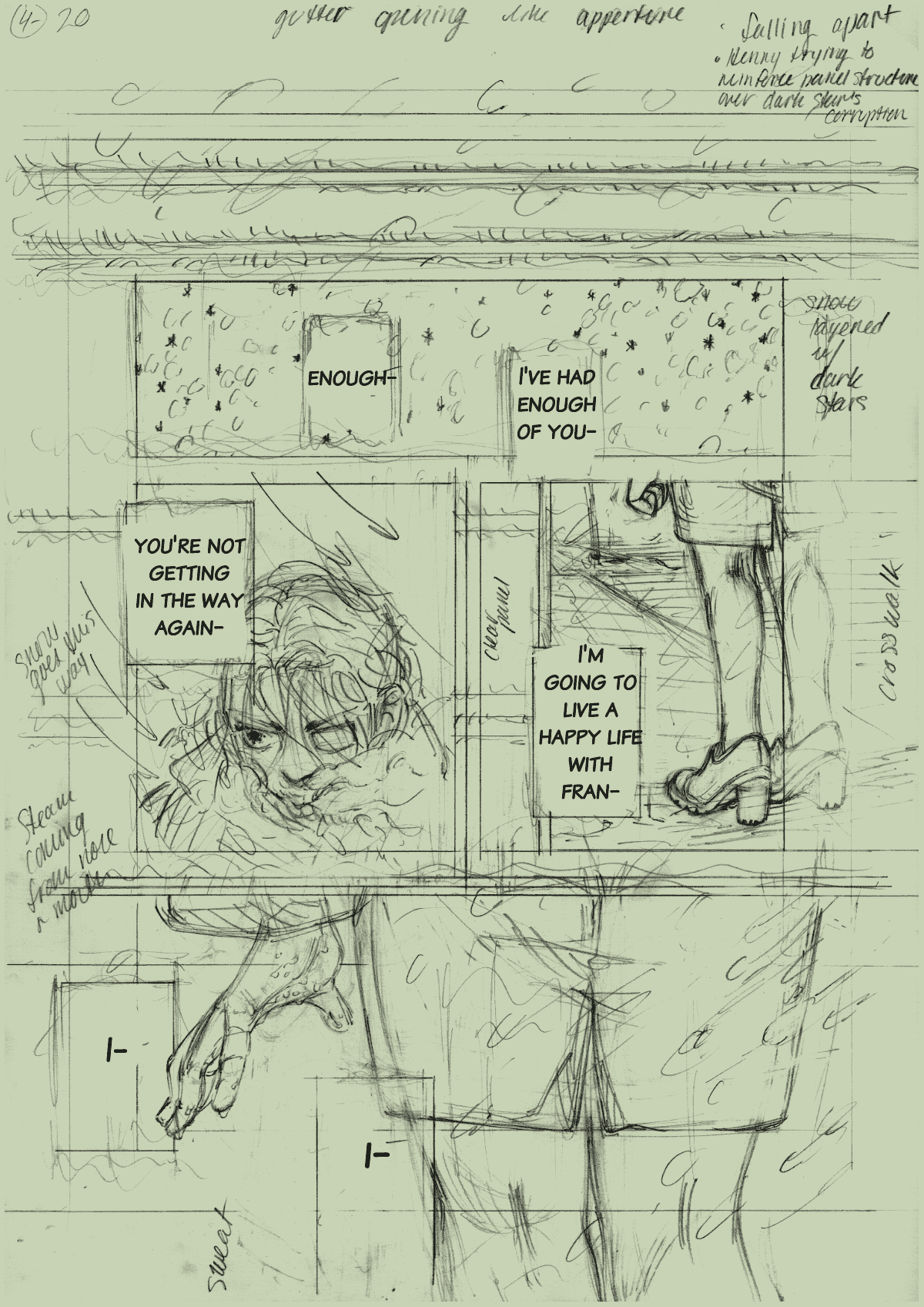 penciled comic page from Bora the Brain: Henny in the snow.